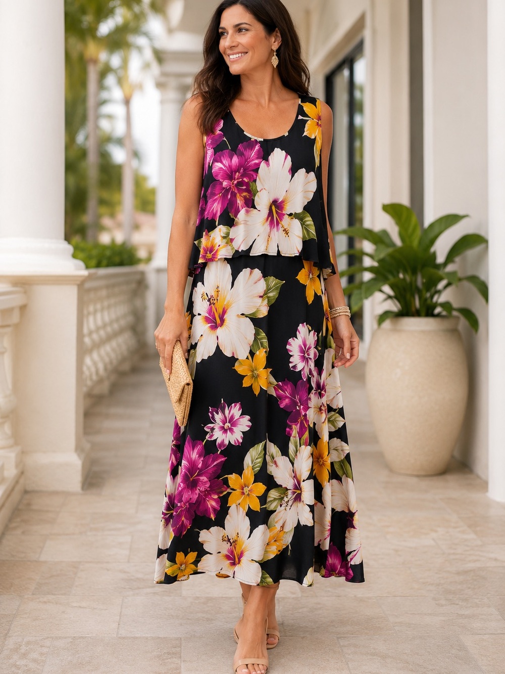 Ronni Nicole Tropical Floral Overlay Maxi Dress Size 10 Black Pink Hibiscus